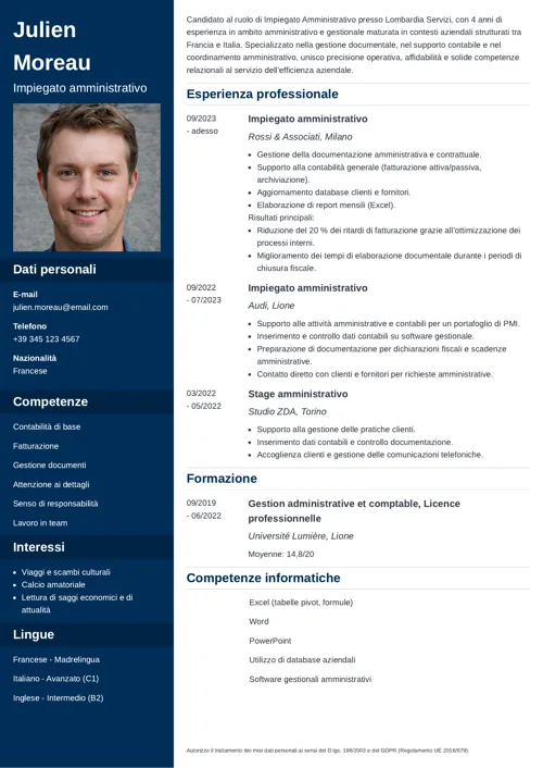 Exemple de CV italien avec photo et colonne latérale bleu foncé