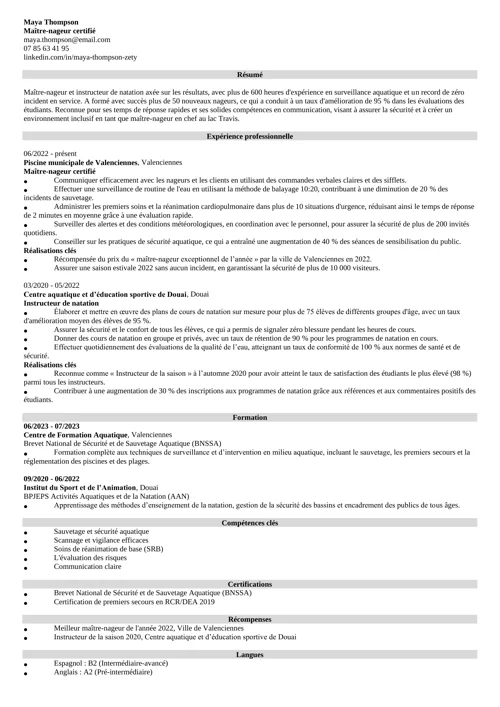 Un exemple de CV de maitre nageur