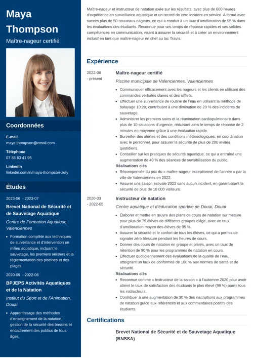 Un exemple de CV de maitre nageur