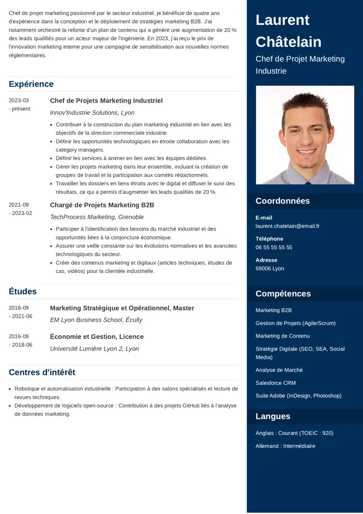 exemple de CV Chef de projet marketing bleu sur deux colonnes avec photo