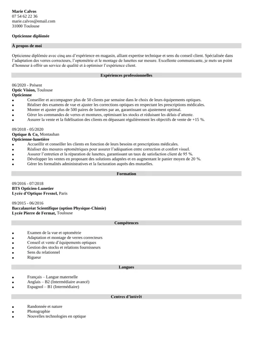 Un exemple de CV opticien-lunetier