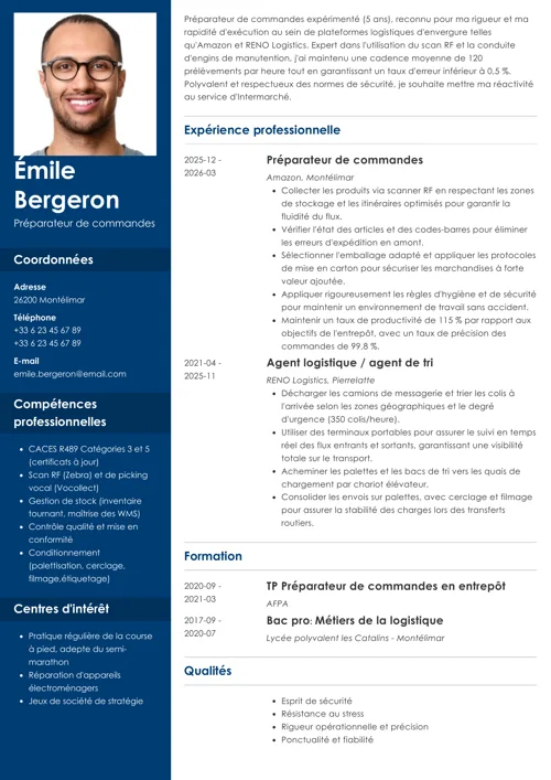 Exemple de CV de préparateur de commandes avec photo et colonne latérale bleu foncé
