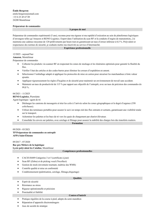 Exemple de CV de préparateur de commandes sans photo en noir et blanc