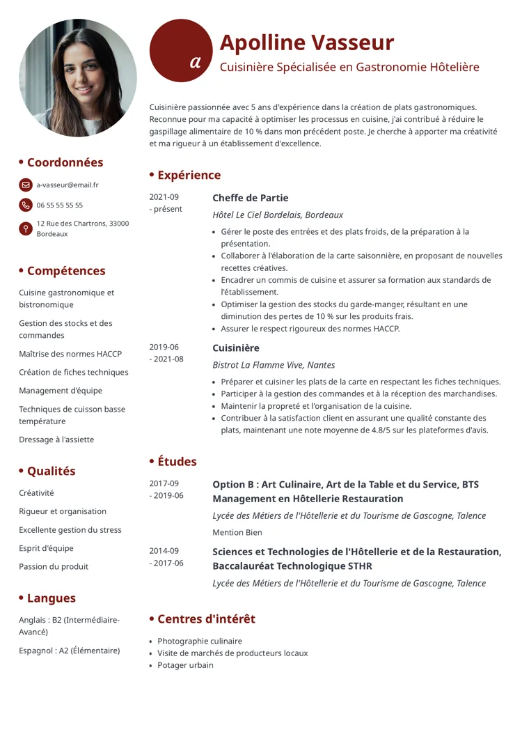 Exemple de CV hôtellerie restauration cuisinier