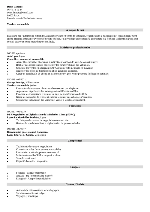 exemple de CV de vendeur automobile