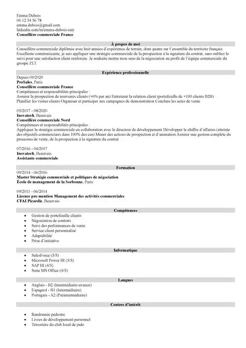 CV antéchronologique conseillère commerciale sans photo en noir et blanc