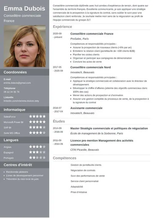 CV antéchronologique de conseillère commerciale avec photo, format deux colonnes, colonne latérale grise