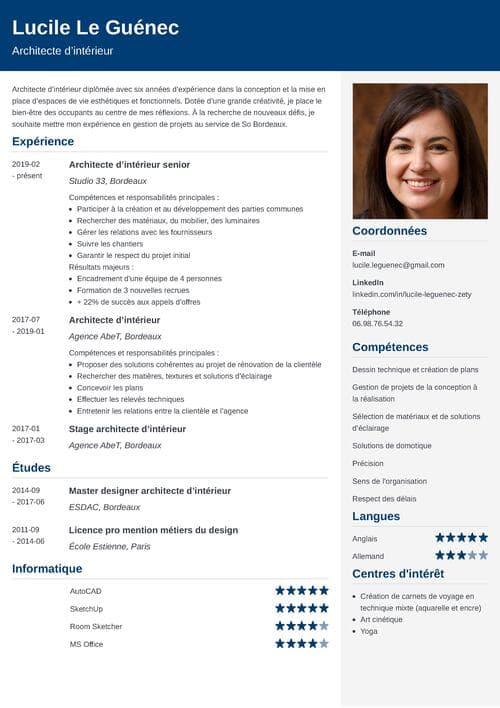 CV architecte d'intérieur exemple avec photo et en-tête couleur bleu foncé