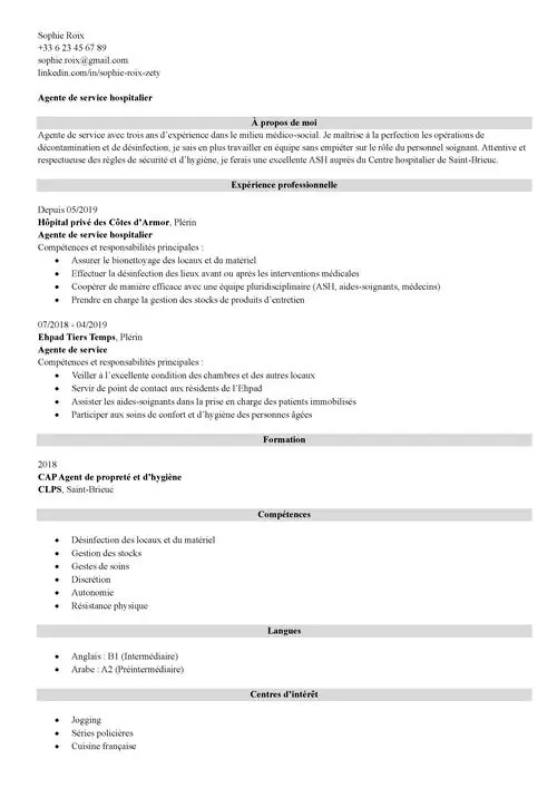 Exemple de CV ASH sans photo en noir et blanc