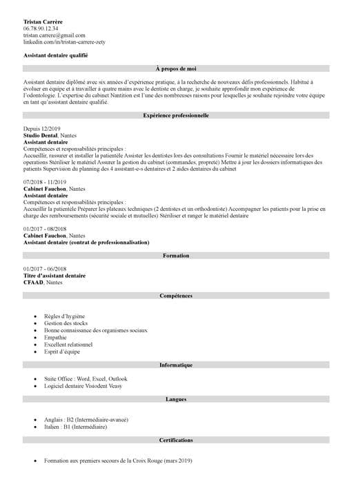 Exemple de CV assistante dentaire sans photo en noir et blanc