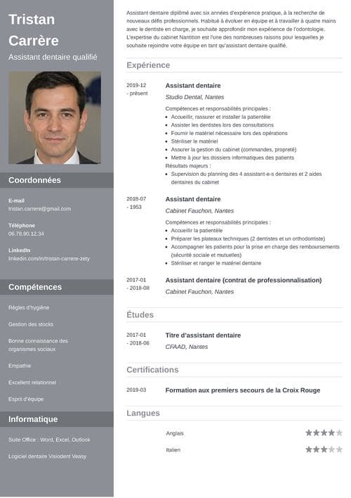 Exemple de CV assistante dentaire avec photo et colonne latérale grise