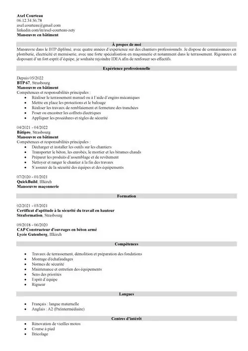 CV bâtiment sans photo en noir et blanc