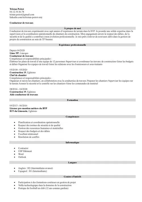 CV conducteur de travaux sans photo en noir et blanc