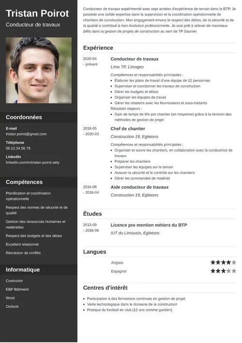 CV de conducteur de travaux avec photo, présenté au format deux colonnes, avec une colonne latérale noire