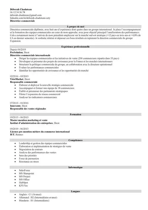 CV directeur commercial sans photo en noir et blanc