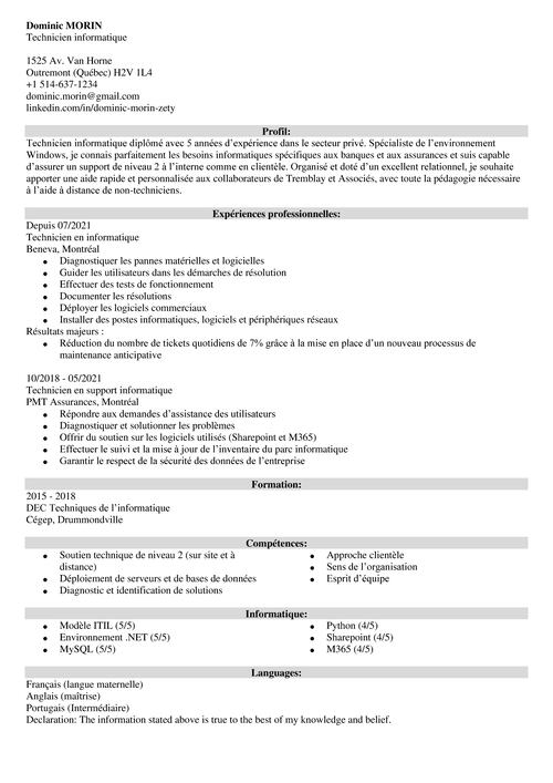 Exemple de CV informaticien