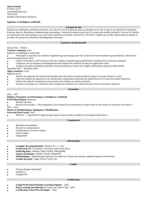 exemple de CV d'ingénieur en IA