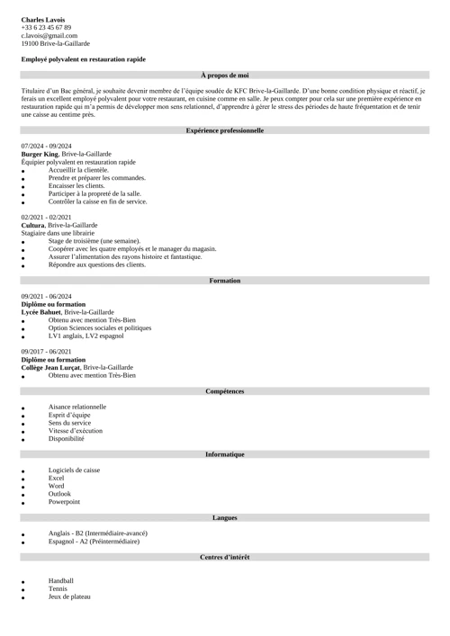 Exemple de CV restauration rapide sans photo en noir et blanc