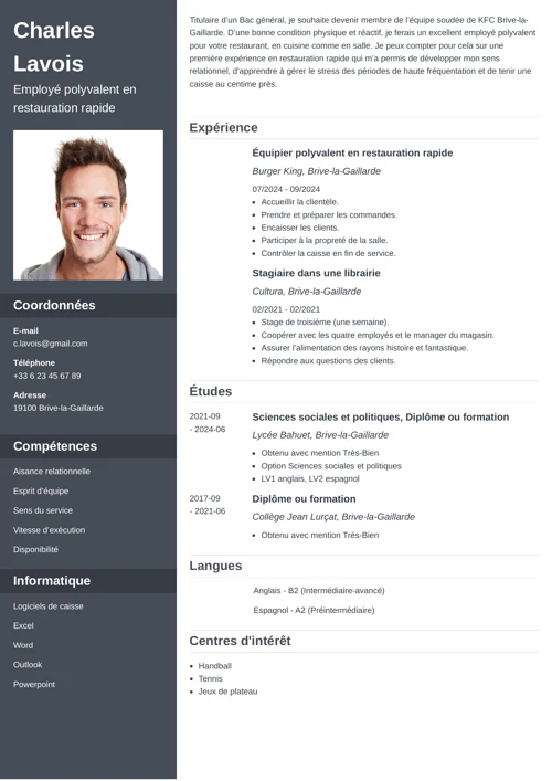 Exemple de CV restauration rapide au format deux colonnes avec photo et colonne latérale bleu foncé