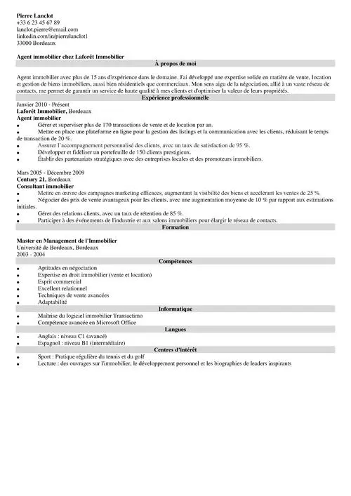 Exemple de CV pour un poste d'agent immobilier