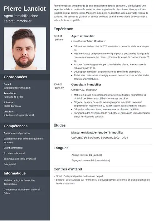 Exemple de CV pour un poste d'agent immobilier