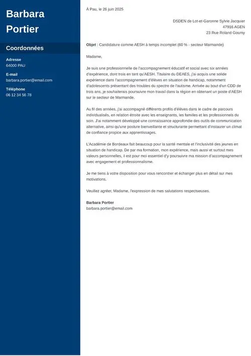 Exemple de lettre de motivation AESH
