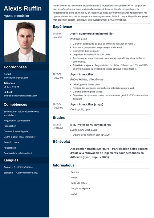 Exemple de CV agent immobilier avec photo et colonne latérale bleu foncé