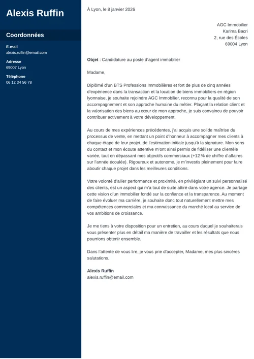 Exemple de lettre de motivation agent immobilier avec colonne latérale bleu foncé
