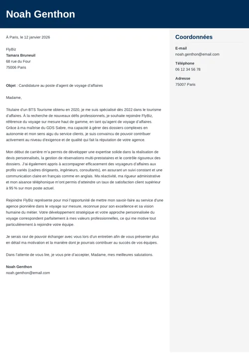 Exemple de lettre de motivation agent de voyage avec en-tête bleu foncé