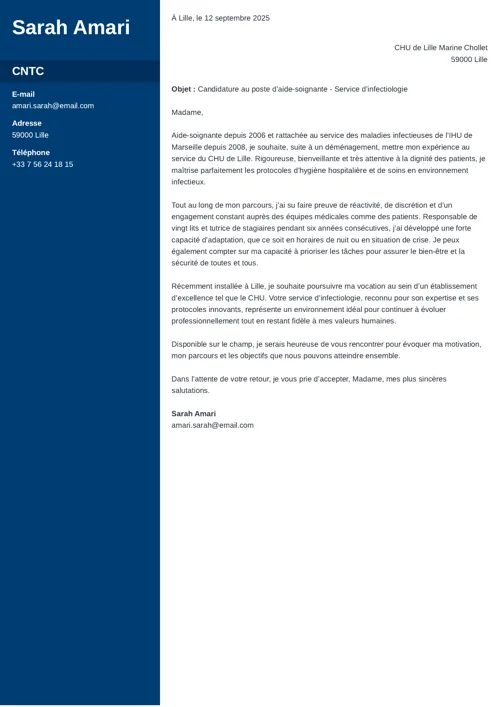 Exemple de lettre de motivation aide-soignante avec colonne latérale bleu foncé
