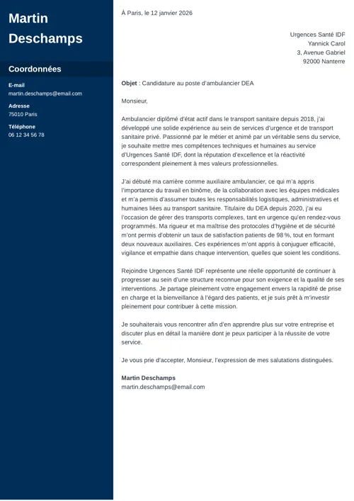 Exemple de lettre de motivation ambulancier avec colonne latérale bleu foncé