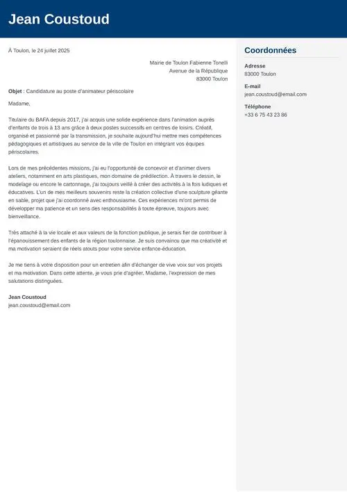 Exemple de lettre de motivation animateur