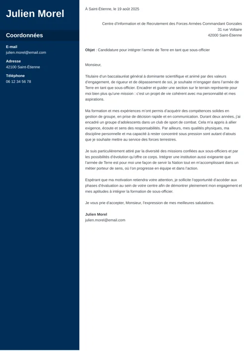 Exemple de lettre de motivation armée de terre