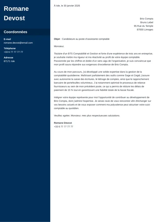 Exemple de lettre de motivation d’assistante comptable format à deux colonnes, colonne latérale bleu foncé