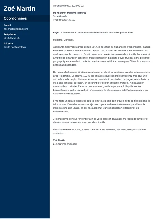 Exemple de lettre de motivation assistante maternelle à deux colonnes, avec colonne latérale bleu foncé