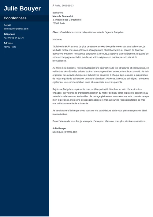 Exemple de lettre de motivation baby-sitting à deux colonnes, avec colonne latérale bleu foncé