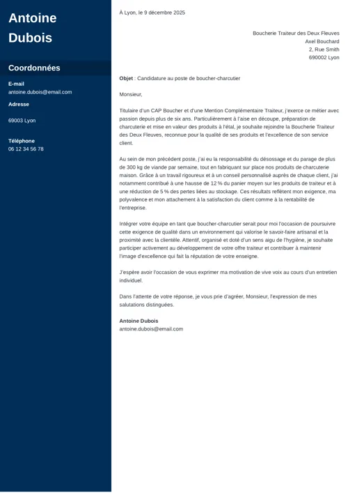 Exemple de lettre de motivation boucherie, au format deux colonnes, avec colonne latérale bleu foncé