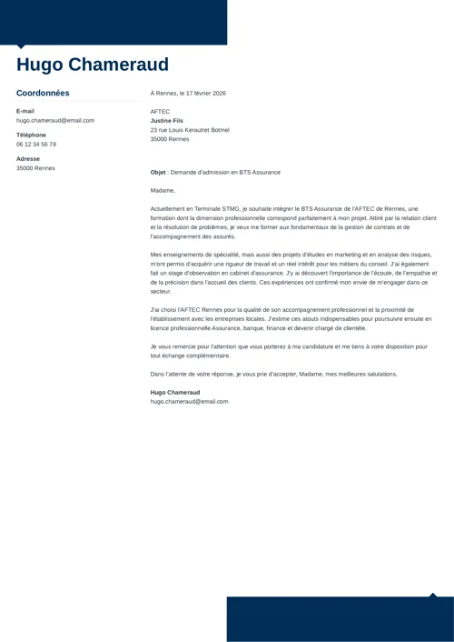 Exemple de lettre de motivation BTS Assurance, couleur bleu foncé
