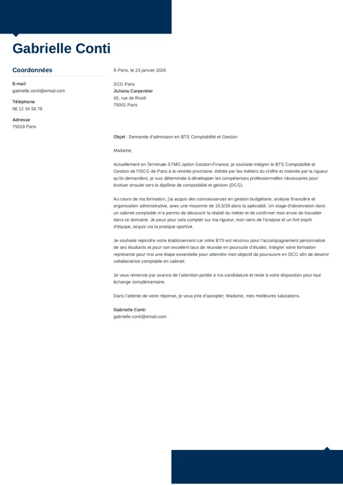 Exemple de lettre de motivation BTS Comptabilité Gestion avec en-tête bleu foncé