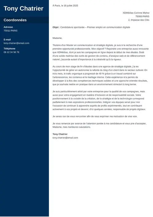 Modèle de lettre de motivation candidature spontanée
