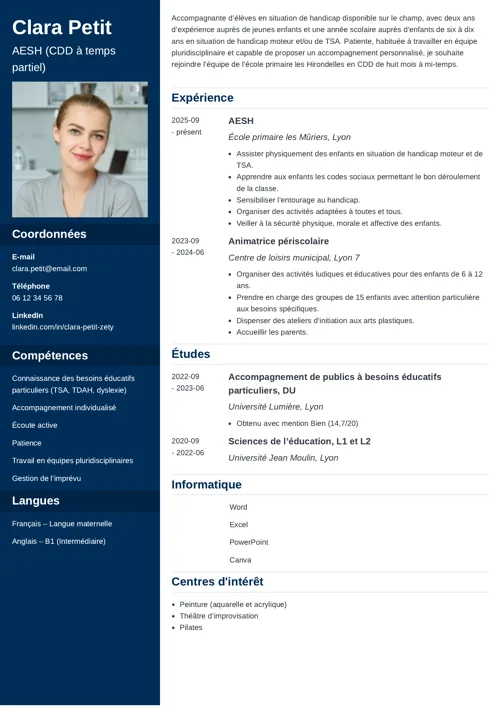 Exemple de CV AESH en CDD à deux colonnes, avec photo et colonne latérale bleu foncé