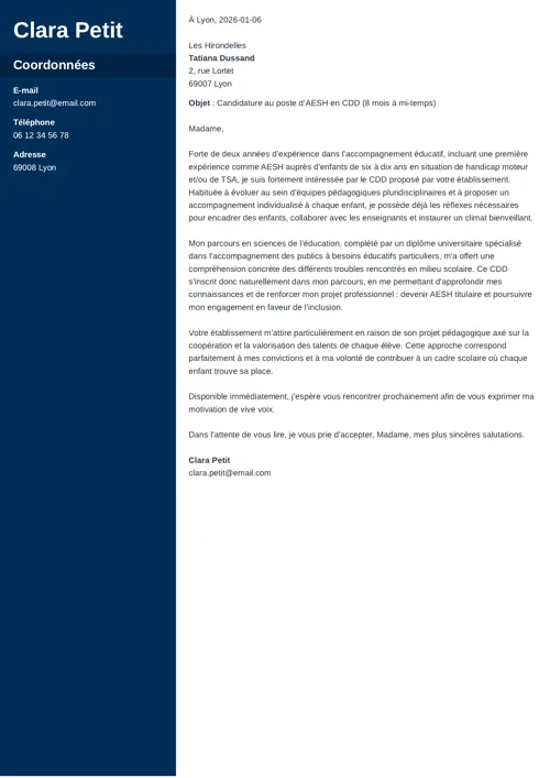 Exemple de lettre de motivation AESH en CDD à deux colonnes, avec colonne latérale bleu foncé