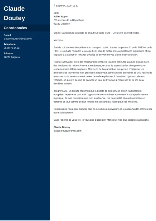 Exemple de lettre de motivation chauffeur poids lourd