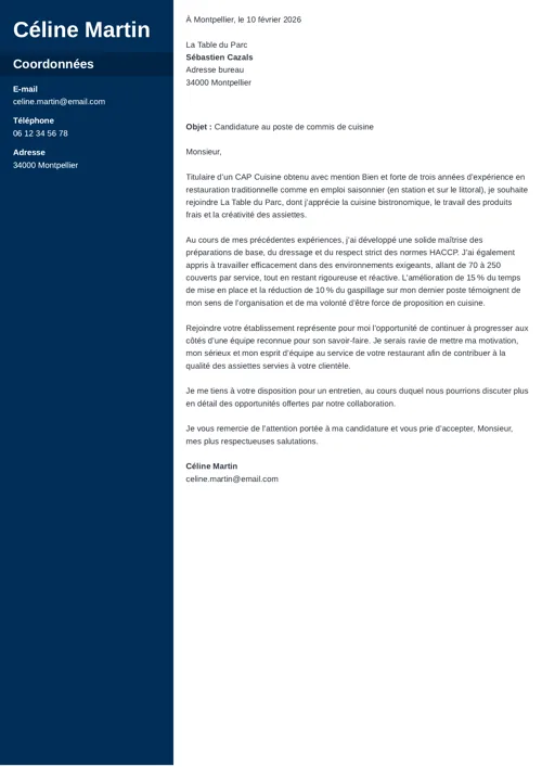 Exemple de lettre de motivation de commis de cuisine avec colonne latérale bleu foncé