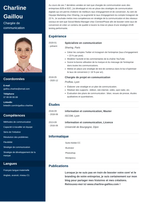 Exemple de CV chargée de communication, en deux colonnes, avec photo et une colonne latérale bleu foncé