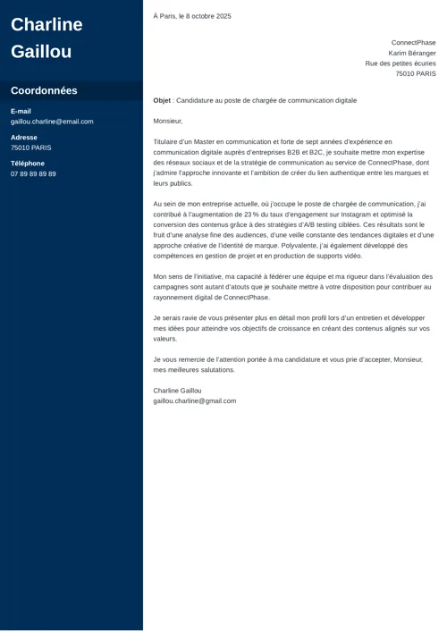 Exemple de lettre de motivation chargée de communication, en deux colonnes, avec colonne latérale bleu foncé