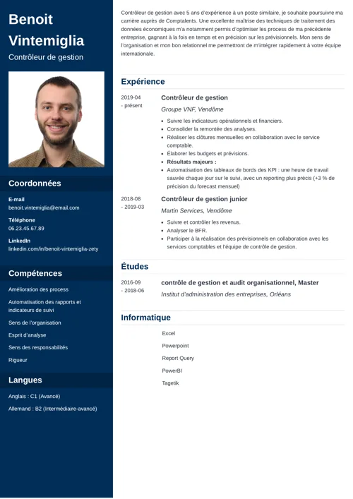 Exemple de CV contrôleur de gestion, au format deux colonnes, avec photo et colonne latérale bleu foncé