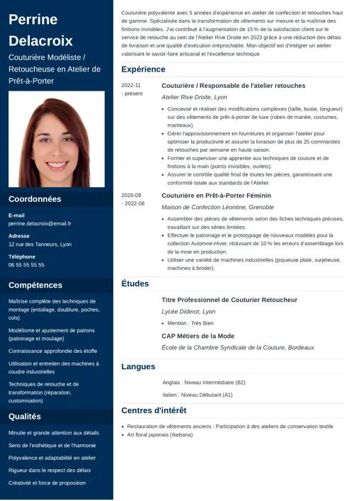Exemple de CV de couturière avec photo et colonne latérale bleu foncé