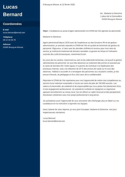 Exemple de lettre de motivation CPAM CV d’agent administratif avec colonne latérale bleu foncé