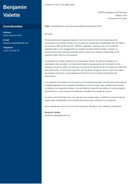 Exemple de lettre de motivation quand on a déjà un emploi avec colonne latérale bleu foncé